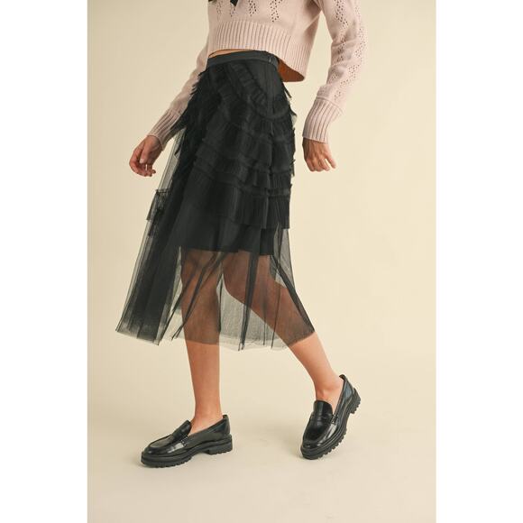 Frill Mesh Tulle Midi Skirt Black - Picture 2 of 7